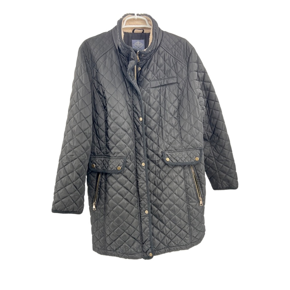 St John’s Bay quilted 1X mid length coat black plus gold outdoor winter fall